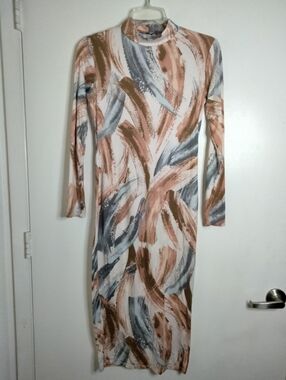 Fashion Nova (Size M/L) Multicolored Paint Brush Abstract Long Sleeve Midi Dress